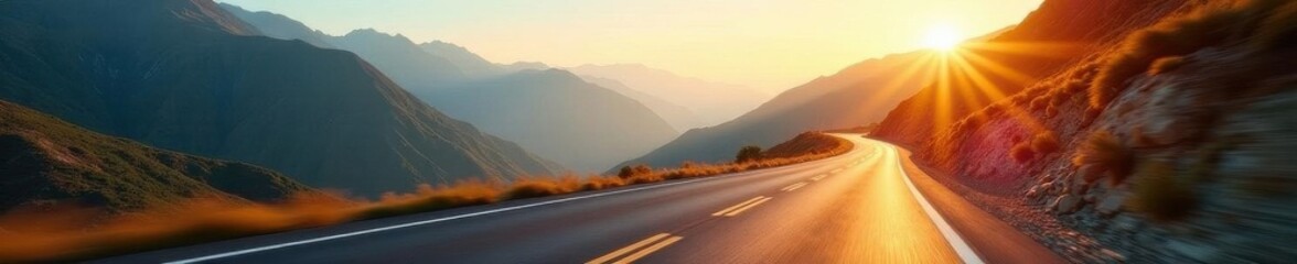 Fototapeta premium Sun-drenched mountain road stretches to horizon, speed blur effect , drive, summer