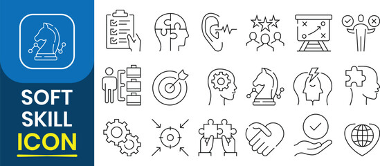 Soft Skills icon set. Soft Skills icon symbol vector set. Skills, leadership, communication, creativity, empathy, self-motivation, problem solving, teamwork, profession success. Vector illustration.