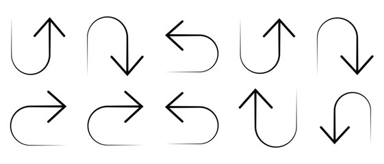 U turn arrow symbol icon set. Traffic sign direction icon set. Go straight this way one way Only U turn left and right  arrow vector illustration. 
