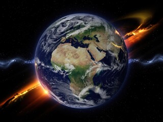 Fototapeta premium Planet Earth viewed from space with dramatic lighting and cosmic elements during a celestial event