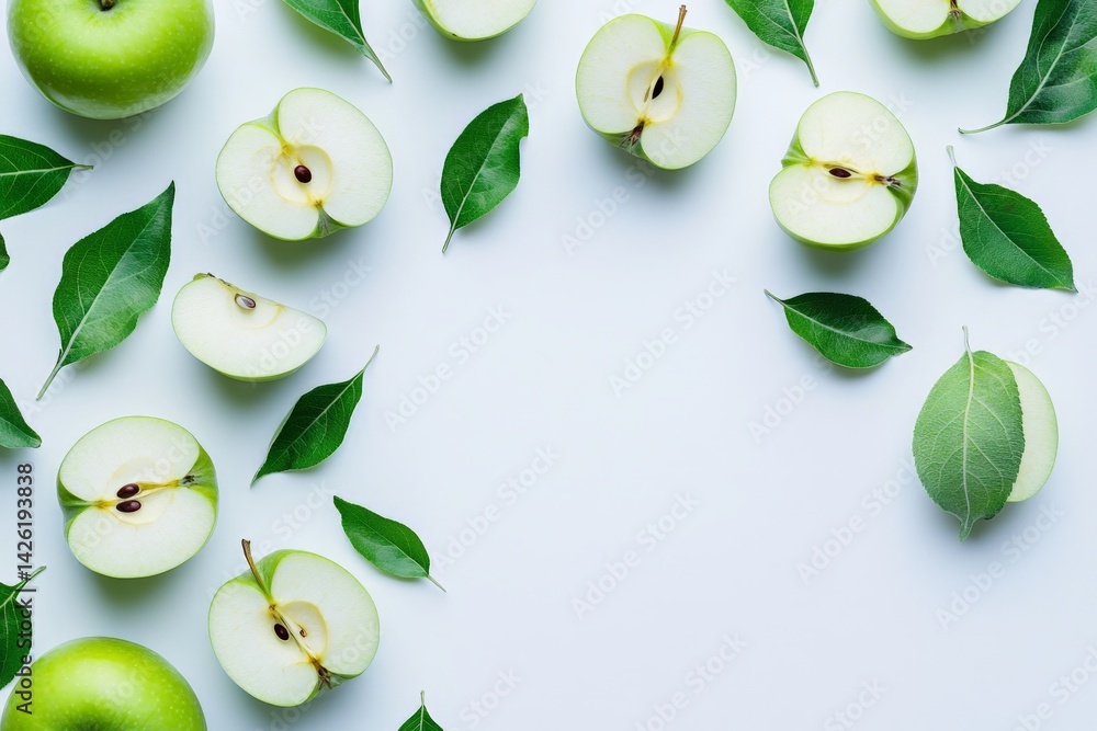 Poster fresh green apples and leaves arranged on a light background for a culinary display in a bright kitc