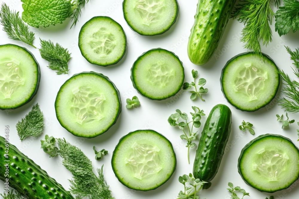 Aufkleber freshly sliced cucumbers arranged with herbs on a clean surface for a healthy culinary backdrop