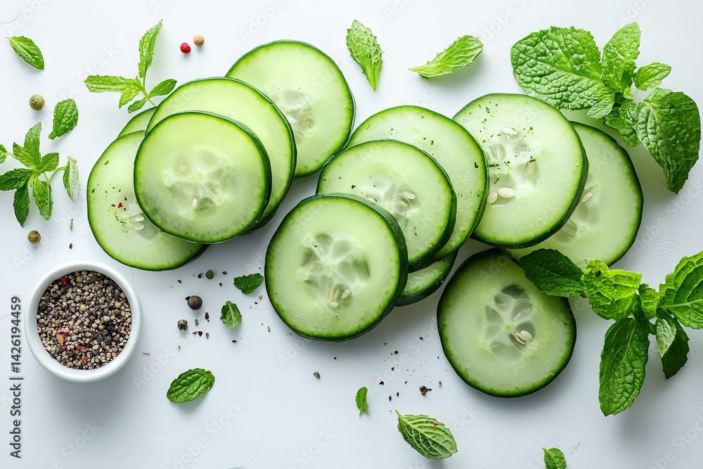 Poster slices of fresh cucumber and mint leaves arranged on a white surface with mixed pepper seasoning