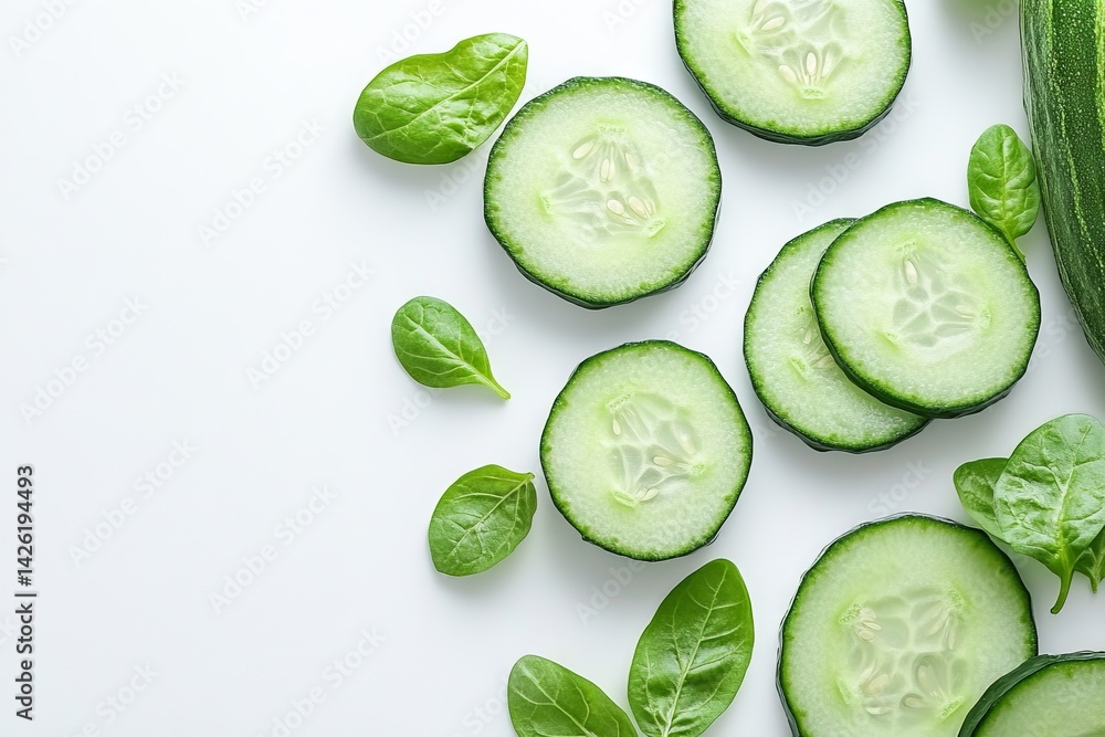 Poster fresh cucumber slices and spinach leaves arranged on a white background showcasing healthy ingredien