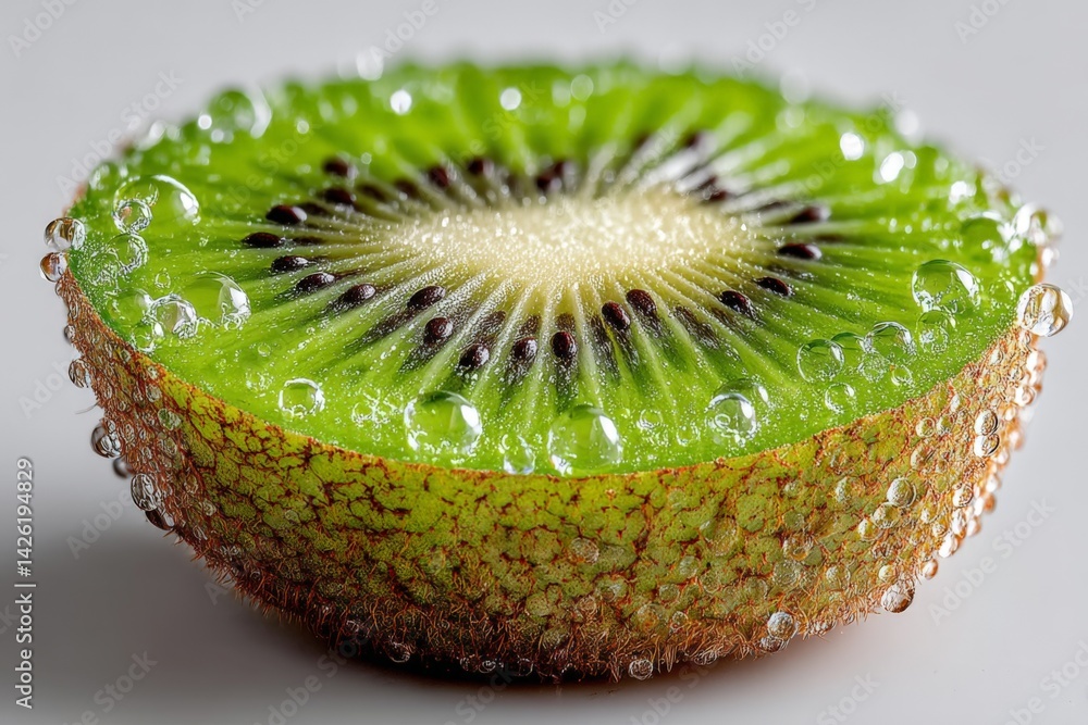 Poster fresh kiwi slice with water droplets captured in detail at close range during daylight