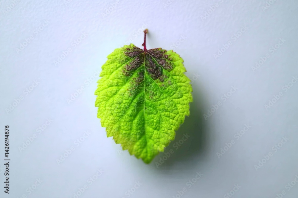 Poster unique green leaf with distinct texture and coloration placed on a plain surface for natural beauty 