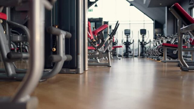 A gym with a lot of equipment including a row of treadmills. The floor is made of wood