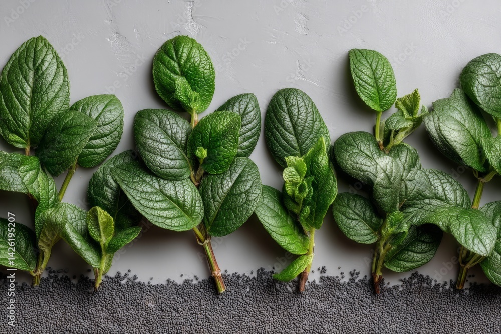 Poster fresh mint leaves lined up on a textured surface next to small seeds in an artistic arrangement
