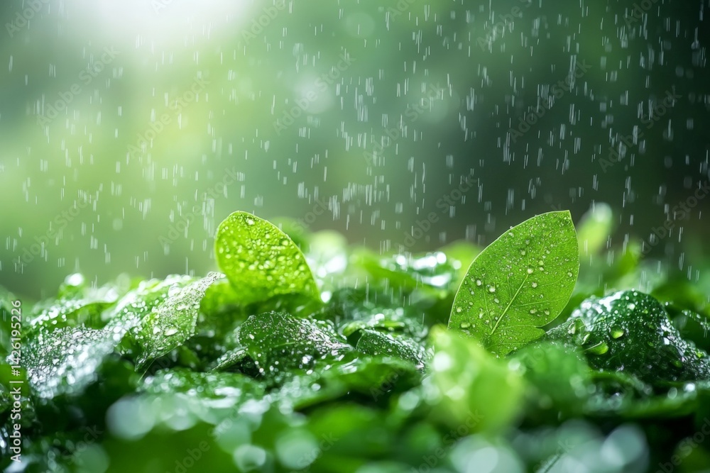 Aufkleber raindrops cascade over lush green leaves, creating a serene moment in nature during a soft rain