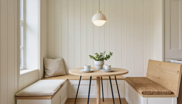 Modern interior design architecture photography: A bright, minimalist interior showcases a cozy window seat and small round table with a pendant light, creating a peaceful and inviting breakfast noo