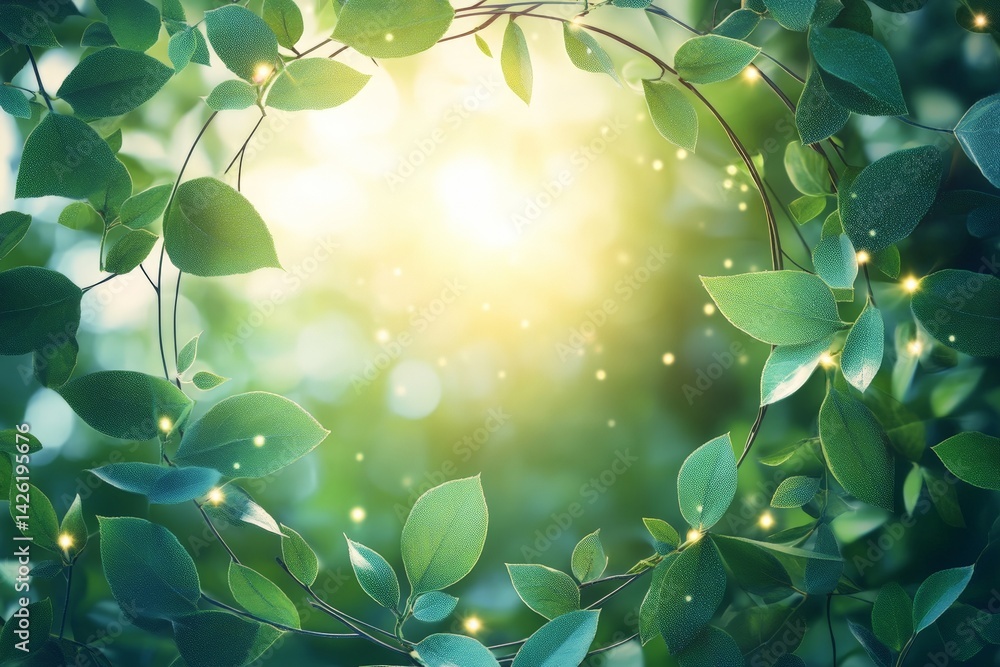 Poster sunlight filtering through lush green leaves creates a serene and magical atmosphere in a forest set