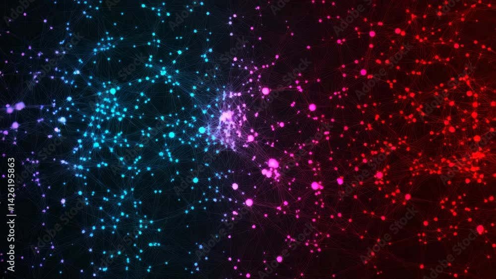 Poster bright glow of multi-colored dots connected by thin lines on a black background