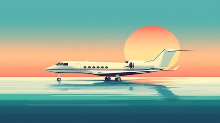 Fototapeta premium Private Jet Sunset Ocean Landing.