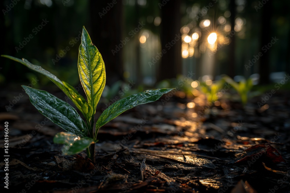 Poster new plant springs up in a forest during golden hour with soft sunlight filtering through the trees