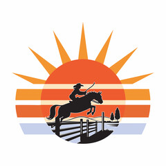 Cowgirl jumping horse over rustic fence