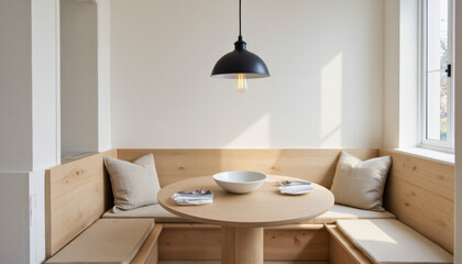 Modern interior design architecture photography: A cozy window nook features a built-in wooden bench, round table, and overhead pendant light, creating a warm and inviting breakfast area.