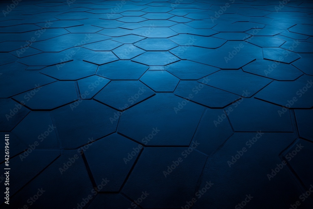 Poster Interlocking metallic hexagons create a breathtaking geometric pattern illuminated by pulsating blue neon light, providing a striking visual experience