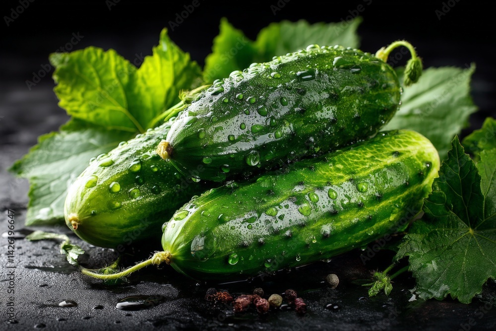 Aufkleber fresh cucumbers with water droplets resting on dark surface with green leaves in the background