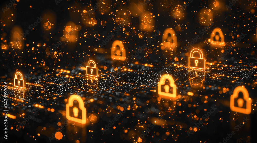 Poster concept of data privacy protection illustrated by digital padlocks securing streams of personal info