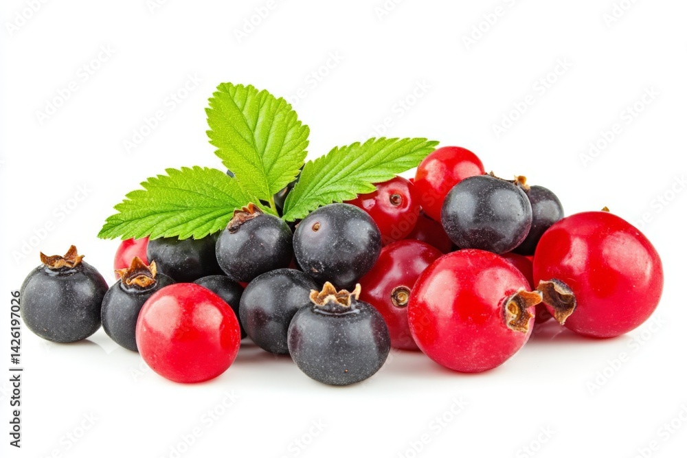 Poster fresh blackcurrants and redcurrants with green leaves on white background ready for consumption or c