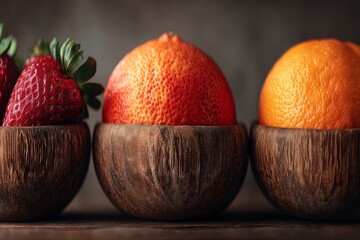 Fresh berries and citrus fruits arranged in wooden bowls on a rustic table for a healthy snack option