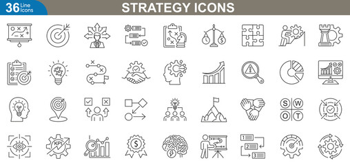 Strategy icons set. Target goal, plan, growth chart, roadmap, vision statement, SWOT analysis, brainstorming, decision making, innovation strategy and more. Vector illustration