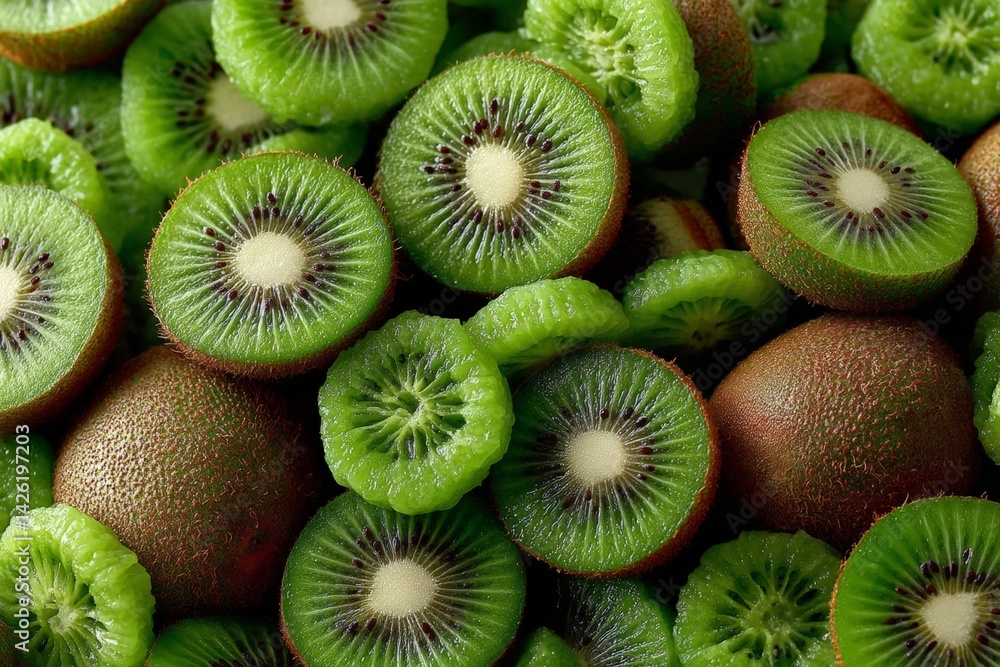 Poster freshly sliced kiwi stacked in an appealing arrangement showcasing vibrant green and brown colors