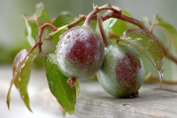 Freshly picked green fruits on a branch with raindrops in a garden setting during daylight