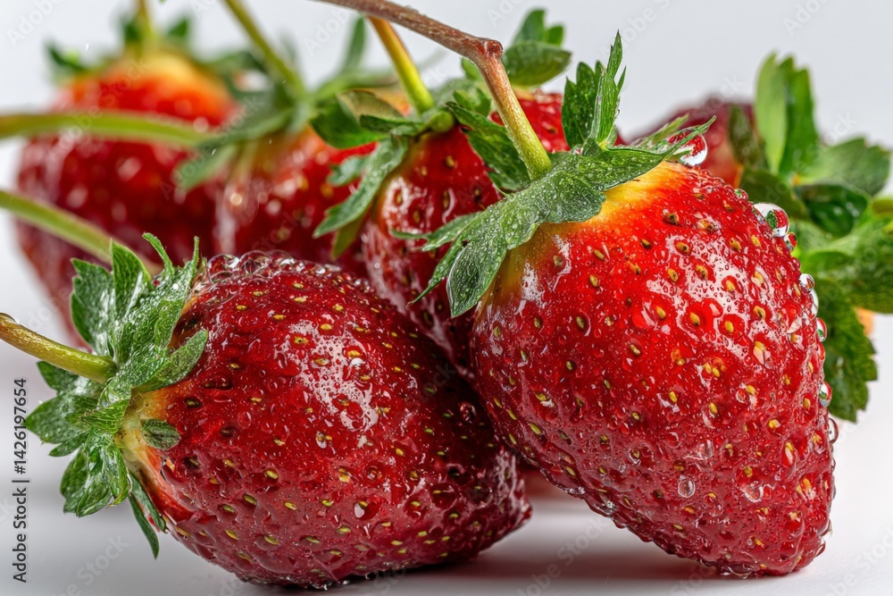 Poster fresh strawberries with water droplets resting on a white background showcasing their vibrant color 