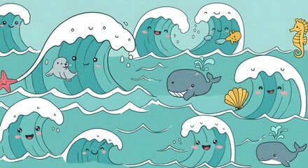 Fototapeta premium Cute Cartoon Sea Life Illustration with Waves and Friendly Animals