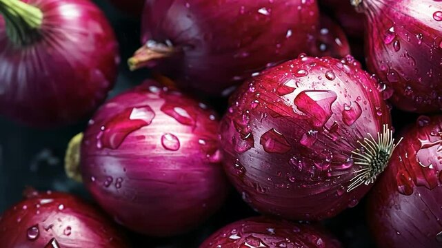 Close-up of vibrant red onions, glistening with water droplets