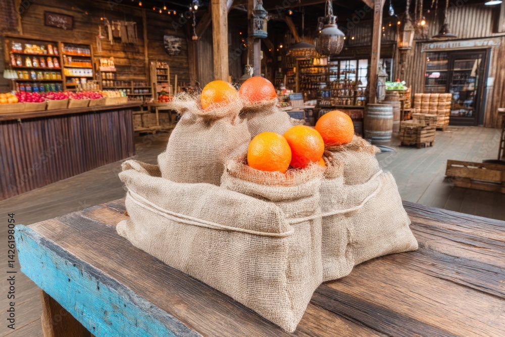 Aufkleber Oranges in burlap sacks displayed on a rustic wooden table in a market setting during daylight