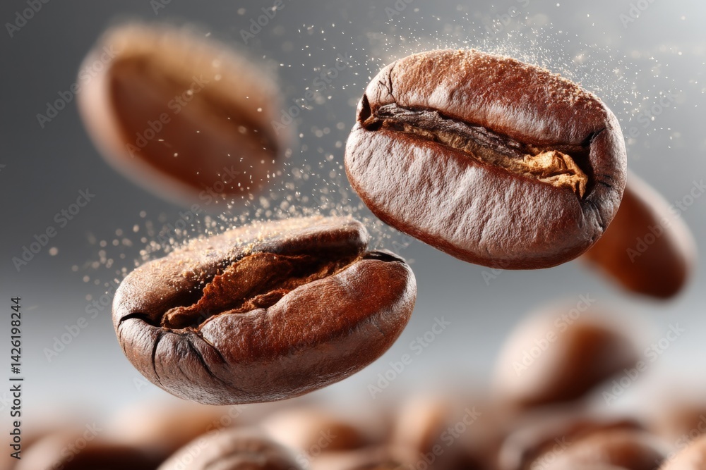 Poster freshly roasted coffee beans floating in the air with aromatic particles captured in a moment of bre