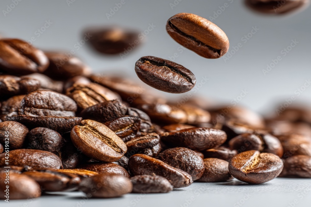 Fototapete coffee beans floating above a pile on a smooth surface in a well-lit environment