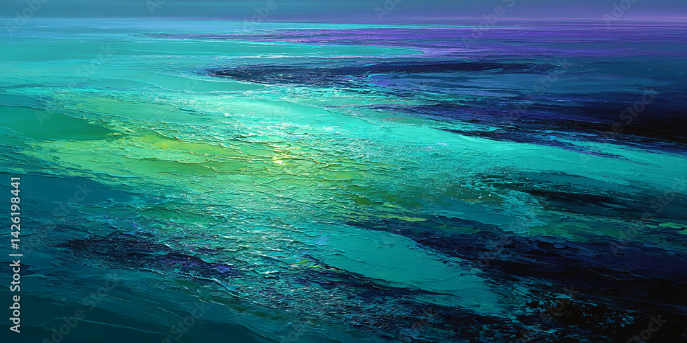 Poster textured teal and blue abstract art depicting ocean waves, showcasing depth and movement, symbolizin