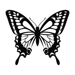 Black Silhouette Vector of a Decorative Butterfly with Ornate Wing Patterns on White Background