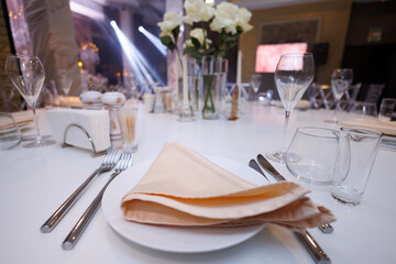 A detail of the wedding dinner setting. A beautiful napkin on a plate.