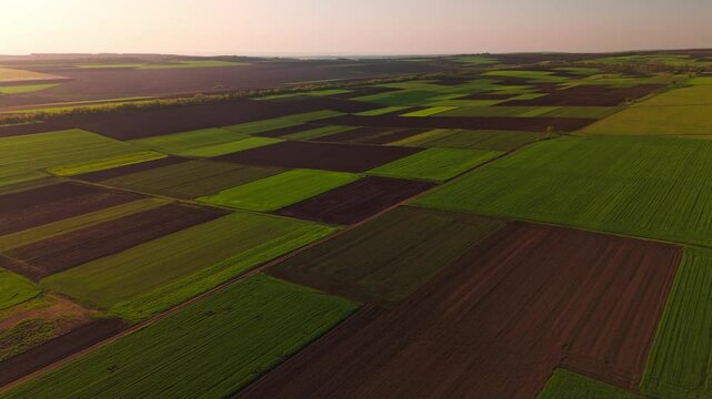 Stunning aerial capture of patchwork fields showcasing rich greens and browns under a soft sunset glow.