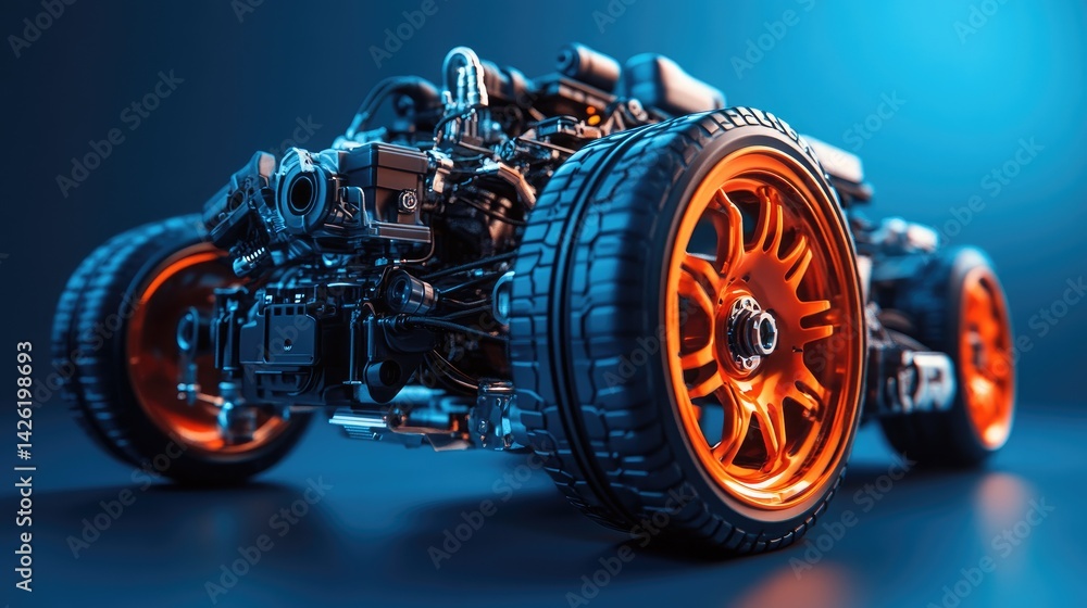 Poster a high-performance engine model with intricate details and vibrant orange tires, set against a blue 