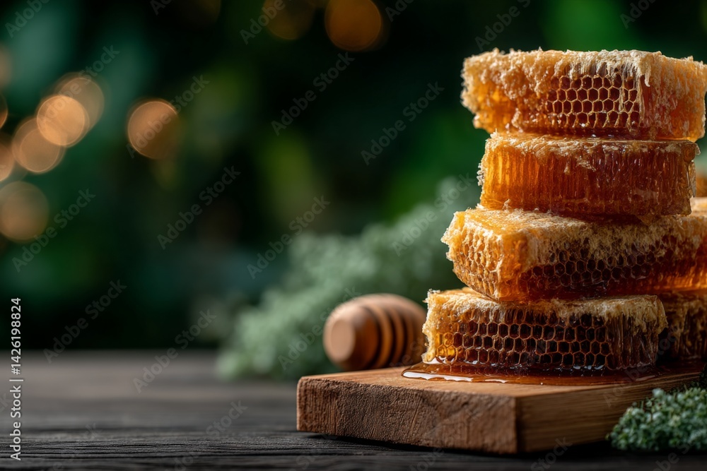 Aufkleber fresh honeycomb stacked elegantly on a wooden board with a drizzle of honey and natural greenery in 