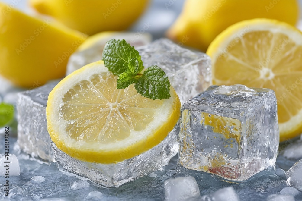 Aufkleber Refreshing lemon slices beside ice cubes create an inviting cooling image for summer drinks in a serene setting