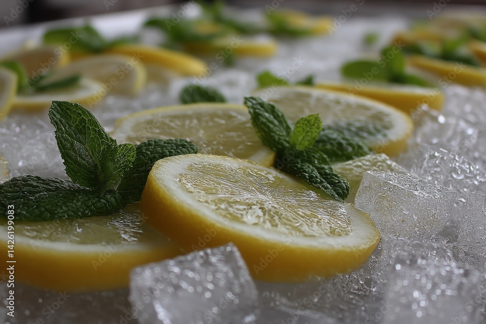 Aufkleber sliced lemons and fresh mint leaves displayed on ice for a refreshing drink garnish during a summer 