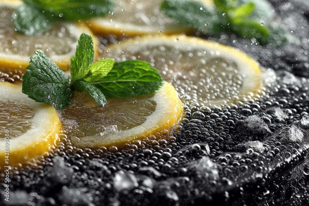 Poster refreshing lemon slices with mint leaves in sparkling water captured in a close-up shot