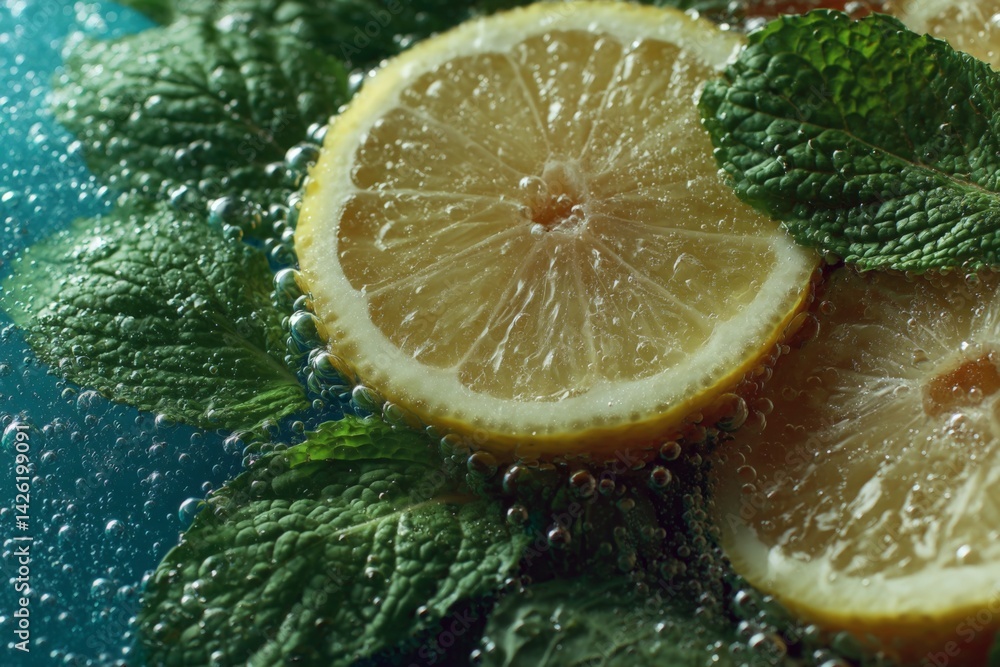Poster Lemon slices and mint leaves float in fizzy water, creating a refreshing summer drink experience