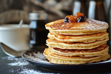A stack of pancakes with one missing showing a bite has been taken