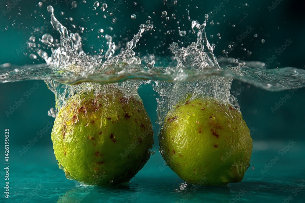 Poster Fresh limes splashing into crystal clear water creating dynamic splashes and bubbles in a vibrant setting