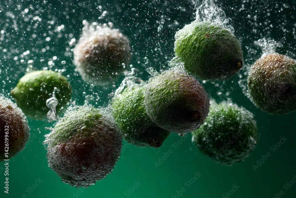 Aufkleber Fresh limes splash dramatically into water creating bubbles in a vibrant underwater setting