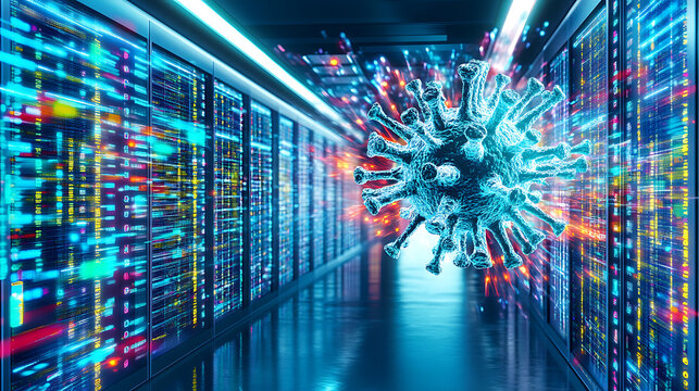 Covid-19 virus simulation in data center digital art high-tech environment futuristic viewpoint