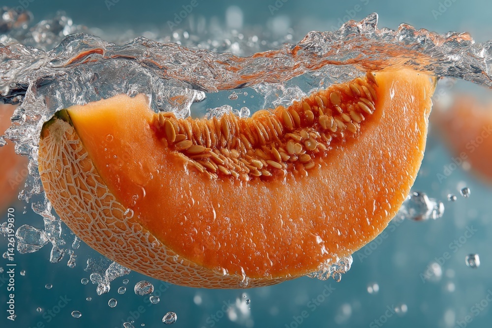 Aufkleber Water splashes around a fresh slice of melon creating a refreshing scene of summer delight
