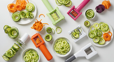 Colorful Vegetable Spiralizers with Zucchini and Carrot Noodles Composition